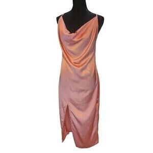Petal Pink Satin SLIP DRESS Midi Slit Cowl Neck y2k HOCO Nightie Coquette 34‎ 6